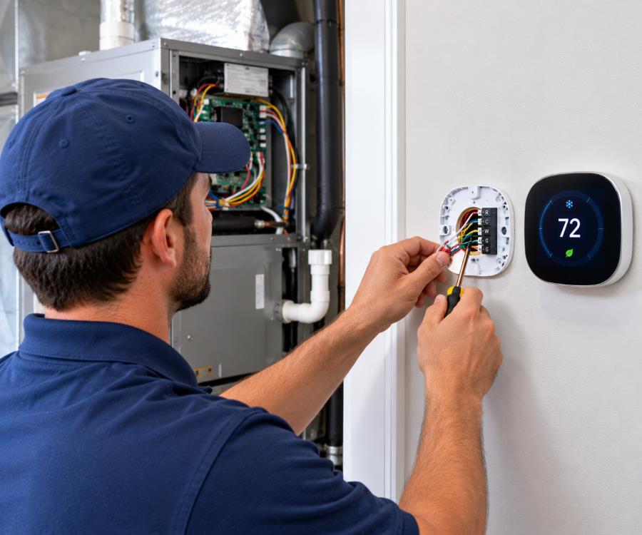 Technician wiring a new smart thermostat to a central AC system
